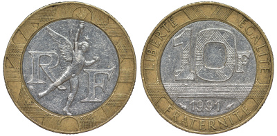 Франция 10 франков 1991 тип гений Бастилии KM 964.1, Le Frank 375.6 биметалл 45-834