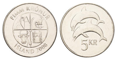 Исландия 5 крон 2008 дельфины KM 28a сталь плакированная никелем UNC 4691-431