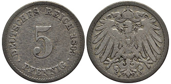 Германия 5 пфеннигов 1893 J KM 11, Jager 12, Weege 6 медно-никель 4547-337