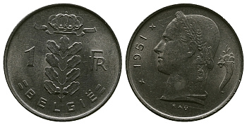 БЕЛЬГИЯ 1 ФРАНК 1951 BELGIE KM 143.1 медно-никель 4384-732