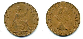 Великобритания 1 пенни 1965 Елизавета II (1952-2022) КМ 897, Spink 4157 бронза 89-845