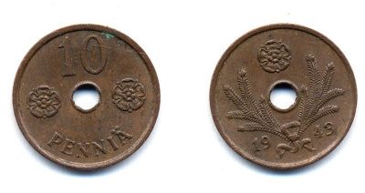 ФИНЛЯНДИЯ 10 ПЕННИ 1943 KM 33.1 медь 51-5026