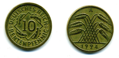 ГЕРМАНИЯ 10 РЕНТЕНПФЕННИГОВ 1924 A KM 33, J. 309, Weege 8 алюминиевая бронза 4385-543