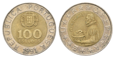 Португалия 100 эскудо 1991 Педру Нуниш (1502-1578), математик KM 645 биметалл 4390-424