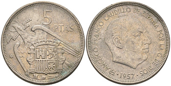 Испания 5 песет 1957 (71) Франсиско Франко (1939-1975) KM 786 медно-никель 4573-934