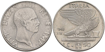 ИТАЛИЯ 50 ЧЕНТЕЗИМО 1941 R, ГОД XIX, ВИКТОР ЭММАНУИЛ III (1900-1946) KM 76b, VEM3. 1063 нержавеющая сталь 3853-337
