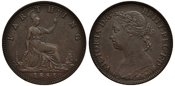 Великобритания 1 фартинг 1881 Виктория (1837-1901) KM 753, Spink 3958 1523-1223