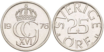 Швеция 25 эре 1976 U, Карл XVI Густав (1973- ) KM 851 медно-никель 4516-468
