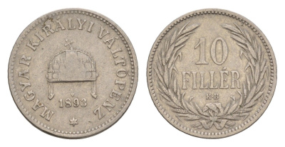 Венгрия 10 филлеров 1893 KB, Франц Иосиф (1848-1916) KM 482 никель 4658-426