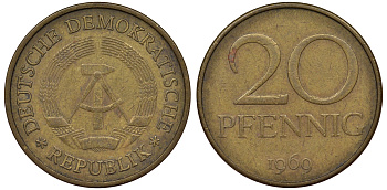 ГДР 20 пфеннигов 1969 А, первый год KM 11 латунь 62-955