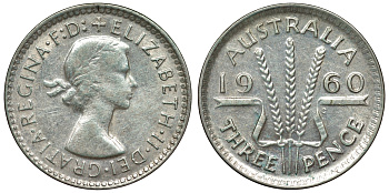 Австралия 3 пенса 1960 m, Елизавета II (1952-2022) KM 57 серебро 71-636
