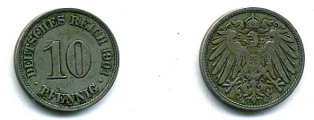 ГЕРМАНИЯ 10 ПФЕННИГОВ 1901 А KM 12, J. 13 медно-никель 57-227