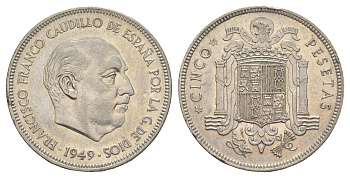 Испания 5 песет 1949 (49) Франсиско Франко (1939-1975), редкий год KM 778 медно-никель aUNC 4379-1215
