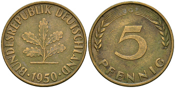 ФРГ 5 пфеннигов 1950 G KM 107, J.382 сталь плакированная латунью 4364-1557
