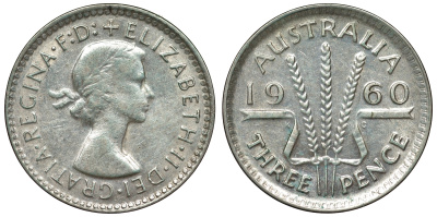 Австралия 3 пенса 1960 m, Елизавета II (1952-2022) KM 57 серебро 71-636