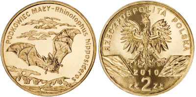 Польша 2 злотых 2010 MW, серия всемирная природа, подковоносная летучая мышь KM 723 нордик UNC 4448-1147
