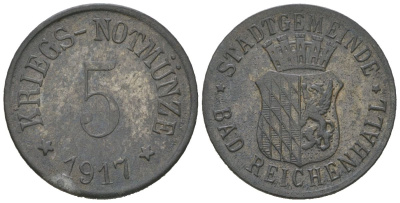 Бад-Райхенхалль (Бавария) 5 пфеннингов 1917 Funck 445.1, Men05 21410.1, Men22.2 26733.1 цинк 4164-223