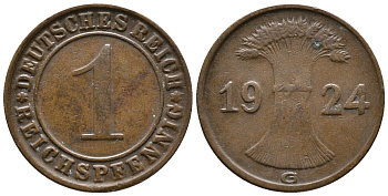 ГЕРМАНИЯ 1 РЕЙХСПФЕННИГ 1924 G KM 37, J. 313 бронза 39-847