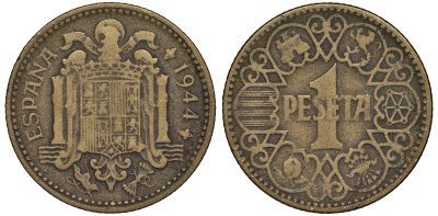 Испания 1 песета 1944 Франсиско Франко (1939-1975) KM 767 алюминиевая бронза 4176-126