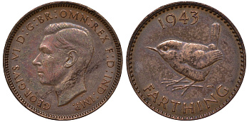 Великобритания 1 фартинг 1943 Георг VI (1936-1952) KM 843, Spink 4116 бронза 4122-656