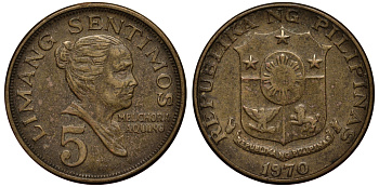 ФИЛИППИНЫ 5 СЕНТИМО 1970 МЕЛЬХОРА АКУИНО KM 197 латунь F 4181-352