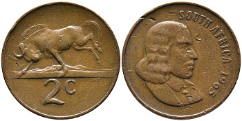 ЮАР 2 цента 1965 Ян ван Рибек (1619-1677), Suid Africa, легенда на африкаанс, антилопа гну KM 66.2 бронза 3336-1221