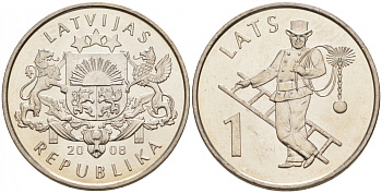 Латвия 1 лат 2008 трубочист KM 107 медно-никель UNC M9-21