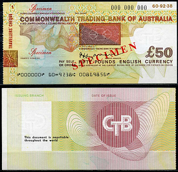 Австралия, Оптовый банк 50 фунтов ND дорожные чек, образец Specimen   бумага  UNC (пресс) 444-35-1-1