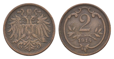 Австрия 2 геллера 1914 Франц Иосиф I (1848-1916) KM 2801 бронза 4632-634
