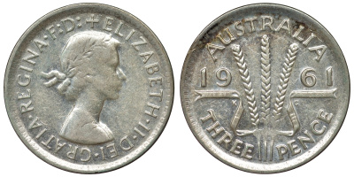 Австралия 3 пенса 1961 m, Елизавета II (1952-2022) KM 57 серебро 71-717