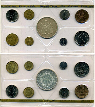 Франция набор из 9 монет 1975 SPECEMEN FDC SET (FLEUR DE COIN), запайка, коробка, сертификат KM SS 12 BUNC 3-4-8-17