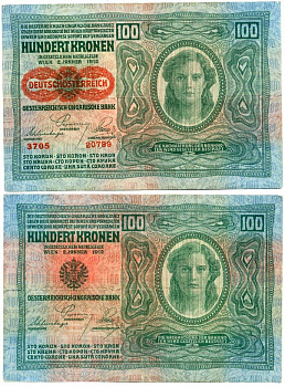Австрия 100 крон 1912 (1919) красная надпечатка на Pick 12, на аверсе Pick 56 a бумага 444-127-1