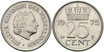 Нидерланды 25 центов 1975 Юлиана (1949-1980) KM 183 никель 96-239