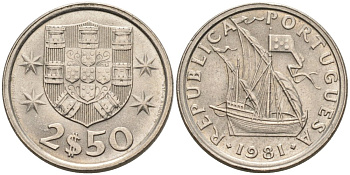 Португалия 2,5 эскудо 1981 парусник KM 590 медно-никель 4567-462