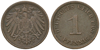 Германия 1 пфенниг 1903 A, Вильгельм II (1888-1918) KM 10, J. 10, Weege 2 медь 4615-218