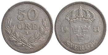 Швеция 50 эре 1911 W, Густав V (1907-1950) KM 788 серебро 4179-926