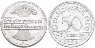 ГЕРМАНИЯ 50 ПФЕННИГОВ 1921 A KM 27, J. 301, Weege 10 алюминий 261-726