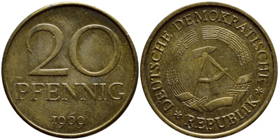 ГДР 20 пфеннигов 1969 А, первый год KM 11 латунь UNC 4397-415