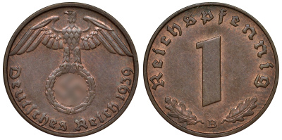 Германия 1 рейхспфенниг 1939 B KM 89, J. 361 бронза 4124-156