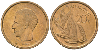 Бельгия 20 франков 1980 Belgique, Бодуэн I (1951-1993) KM 159 никель бронза 4619-557