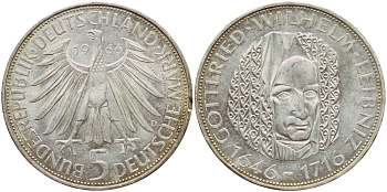 ФРГ 5 марок 1966 D, 250 лет со дня смерти Готфрида Вильгельма Лейбница J. 394, KM 119.1 серебро aUNC 1529-134