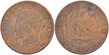 ФРАНЦИЯ 5 САНТИМОВ 1855 D, НАПОЛЕОН III (1852-1870) KM 777.4, LE FRANC 116.22 бронза 108-327