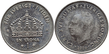 Швеция 1 крона 2004 Карл XVI Густав (1973- ) KM 894 медно-никель 179-952