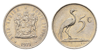 ЮАР 5 центов 1971 герб, райский журавль KM 84 никель 4643-214