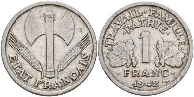 Франция 1 франк 1942 LB, правительство Виши KM 902.1 алюминий    4601-915