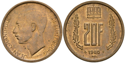 Люксембург 20 центов 1980 великий герцог Жан KM 58 алюминиевая бронза 4163-643