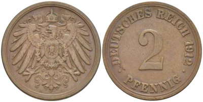 Германия 2 пфеннига 1912 A KM 16, J. 11, Weege 4 медь 206-629