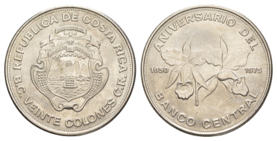 Коста-Рика 20 колонов 1975 25 лет Центральному Банку KM 205 никель UNC 118-225
