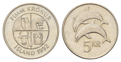 Исландия 5 крон 1992 дельфины KM 28 медно-никель 4691-416