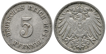 ГЕРМАНИЯ 5 ПФЕННИГОВ 1904 J KM 11, J. 12 медно-никель 39-813